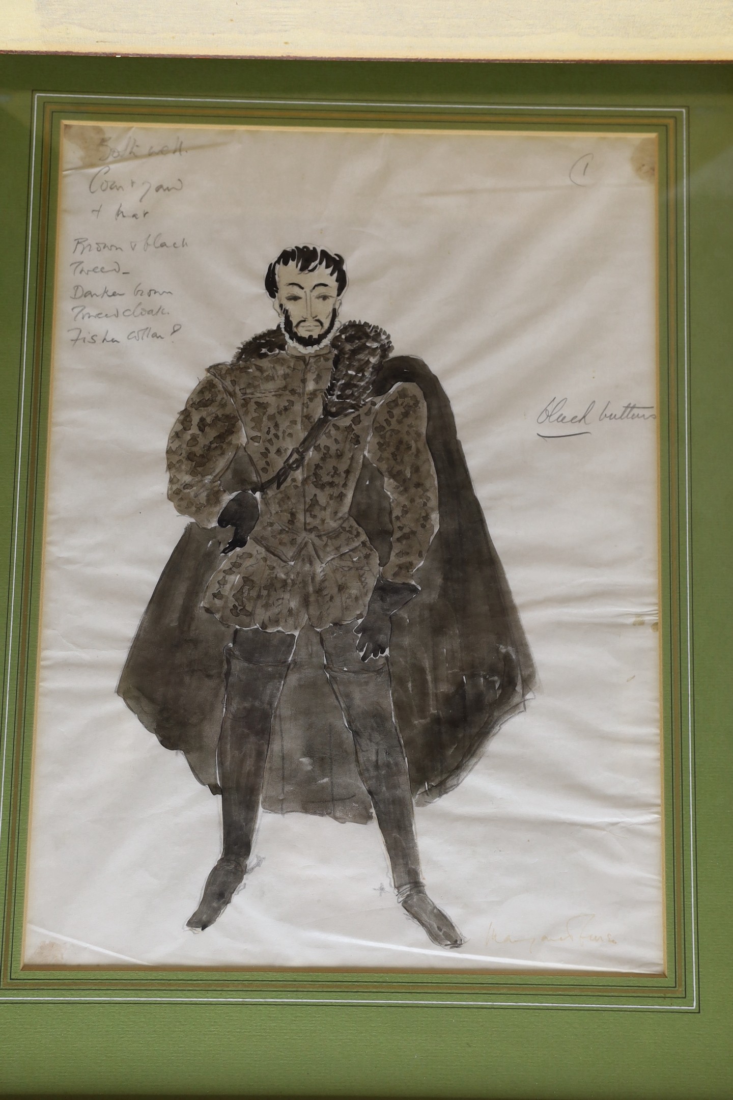 Margaret Furse, four pencil and watercolour costume designs, together with eight black and white photographs of Universal Pictures film, Mary, Queen of Scots, watercolours 39 x 27cm, photographs 61 x 50cm